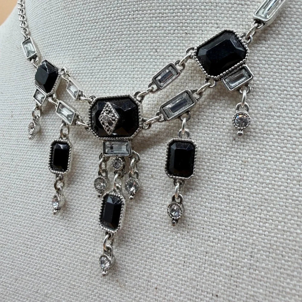 Black Faceted Crystal Rhinestone Silver Tone Dangle Bib Statement Necklace Deco